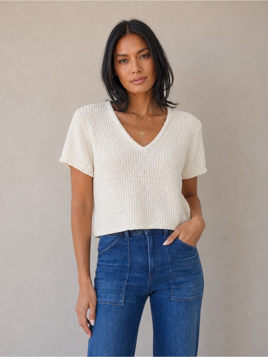 Self Contrast Tops - Self Contrast Ivory Textured Knit V-Neck Short Sleeve Sweater Top Lightweight XS